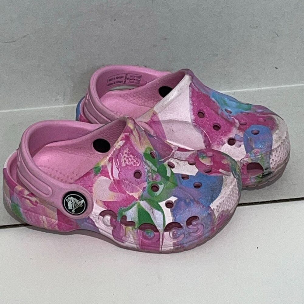 Crocs Kids Pink Baya Seasonal Floral‎ Print Slip-On Comfort Clog Shoes Size 6
